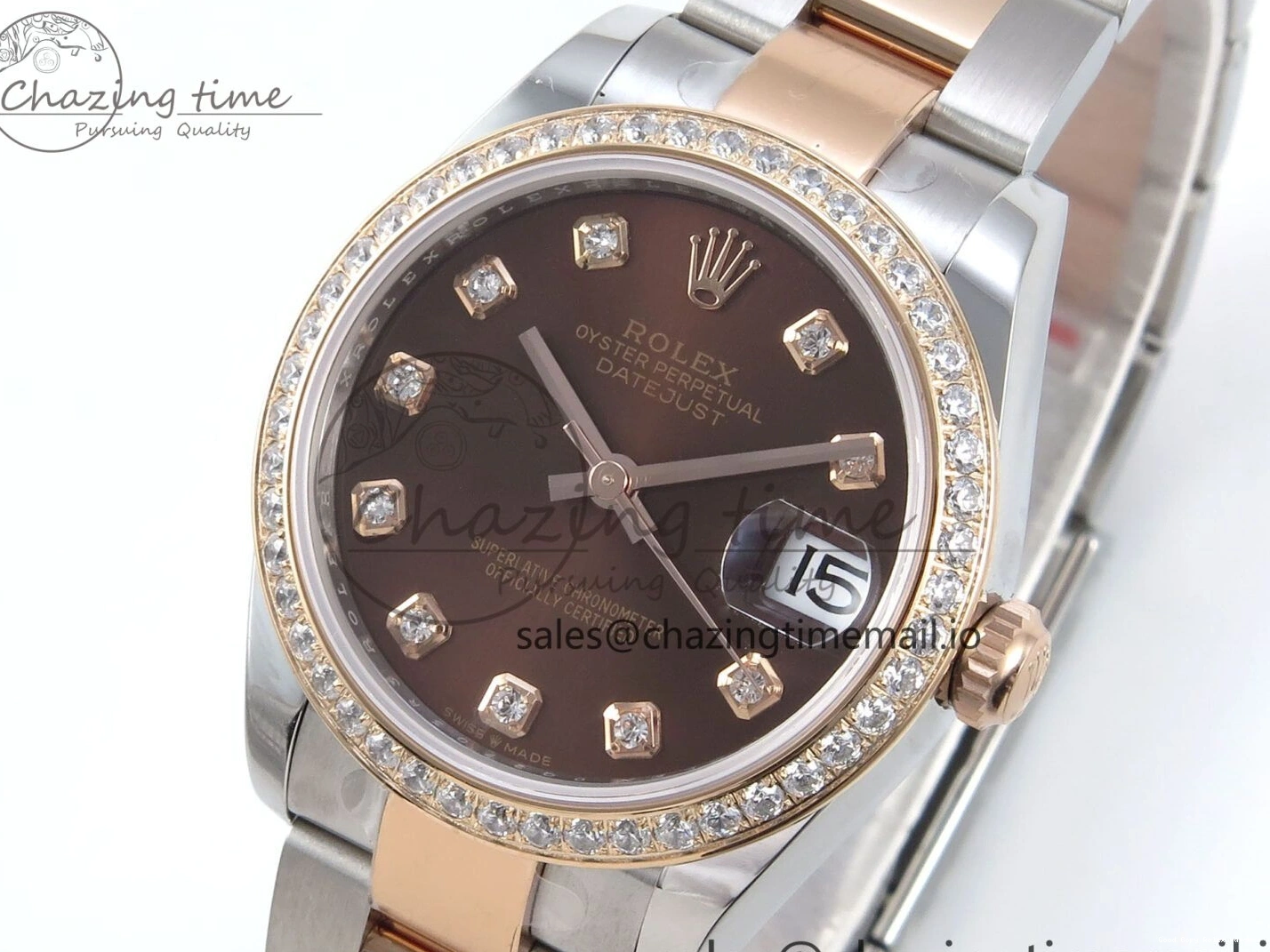 AAA Replica Watches 31 Oyster Dial 904L ETA Diamonds Bezel on RG WrinkleFree Best Diamonds Bracelet DateJust 278381RBR 373 Brown Steel ARF 1:1 SS Edition 1225